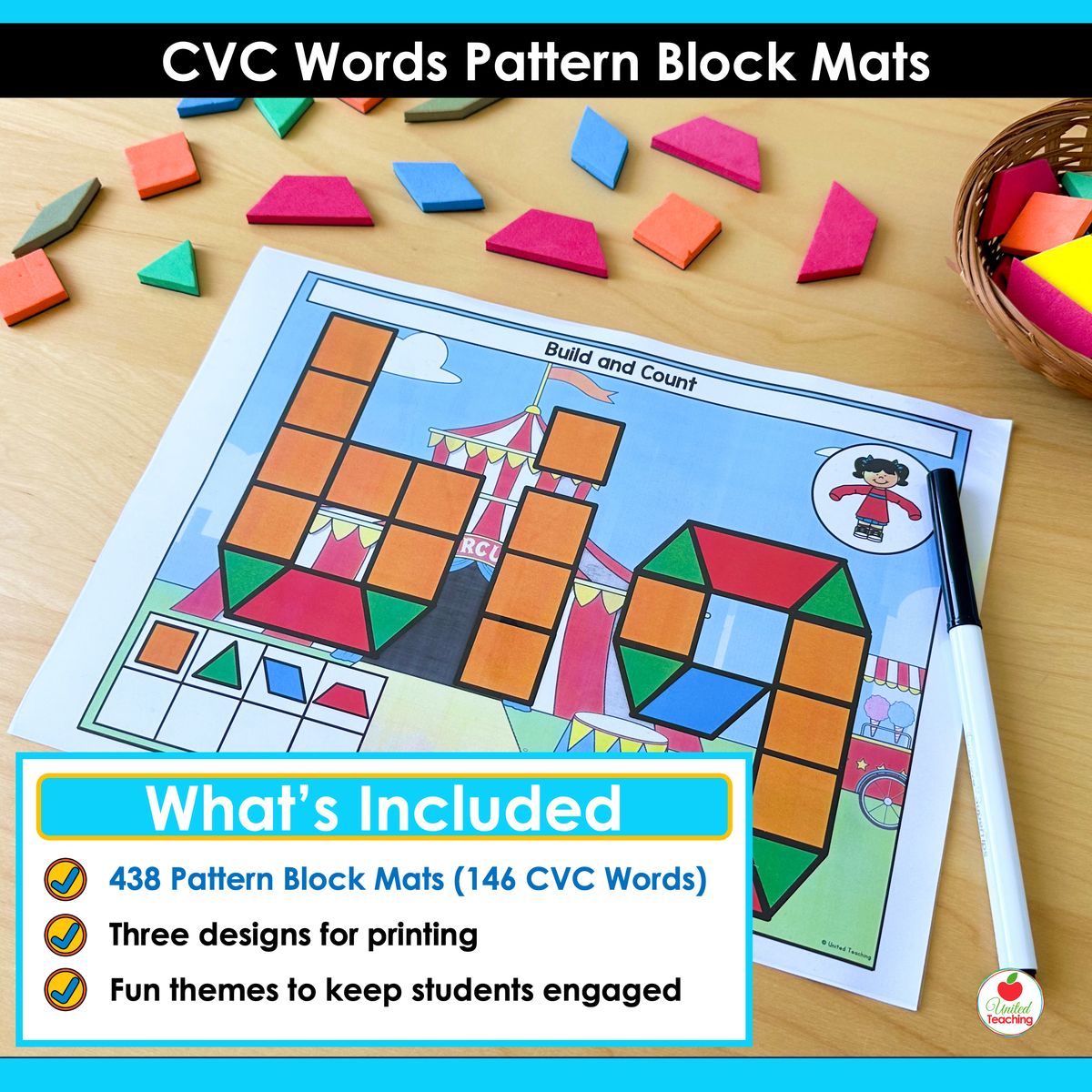 What's included in the CVC Build and Count Pattern Block Mats