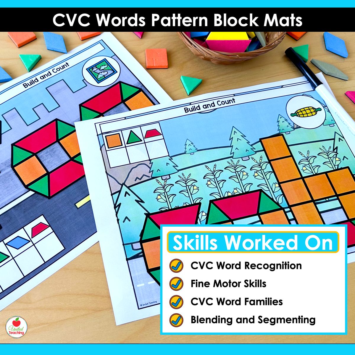 Skills worked on by the CVC Build and Count Pattern Block Mats