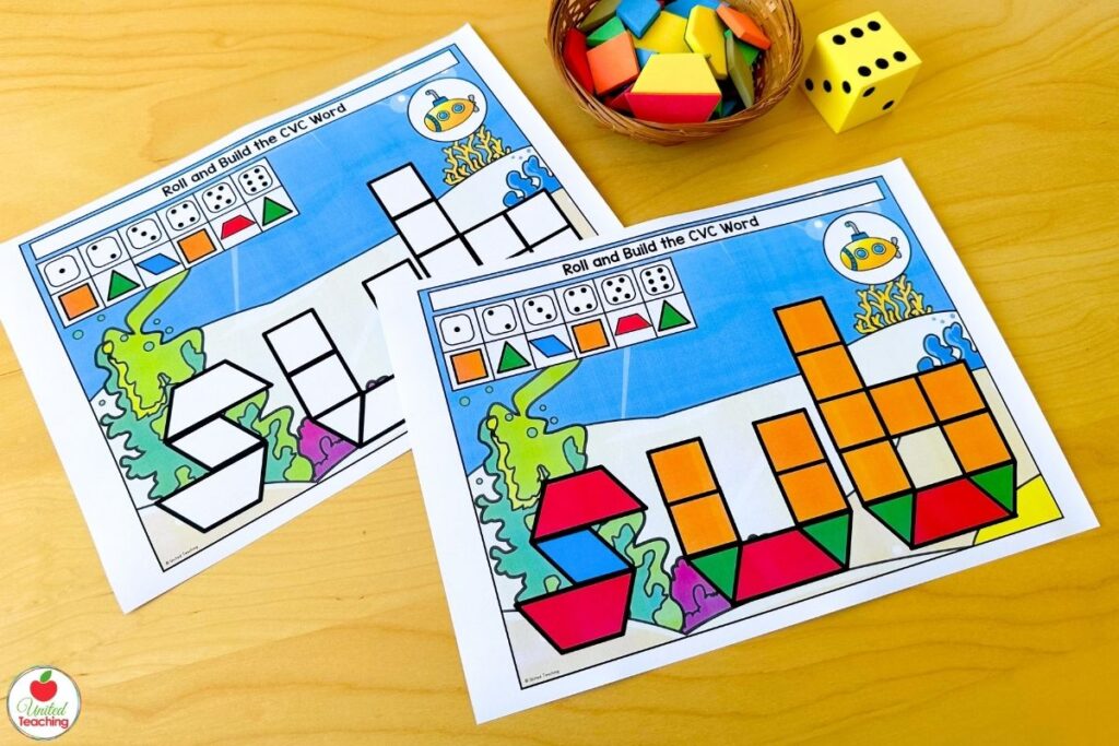 CVC word pattern block mats for word building, showing two differentiated mats for students to use