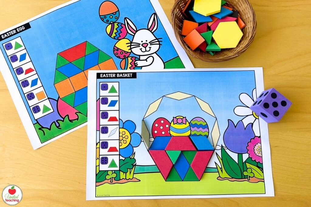 Two Easter roll and build pattern block mats showing an Easter egg mat and an Easter basket mat, where students roll a die and place the matching shape to build each image