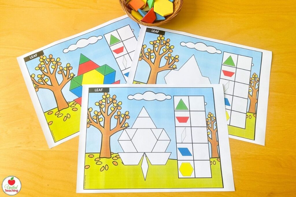 Three autumn leaf pattern block mats showing different differentiation levels, with a fall tree scene and recording tables for counting each shape used