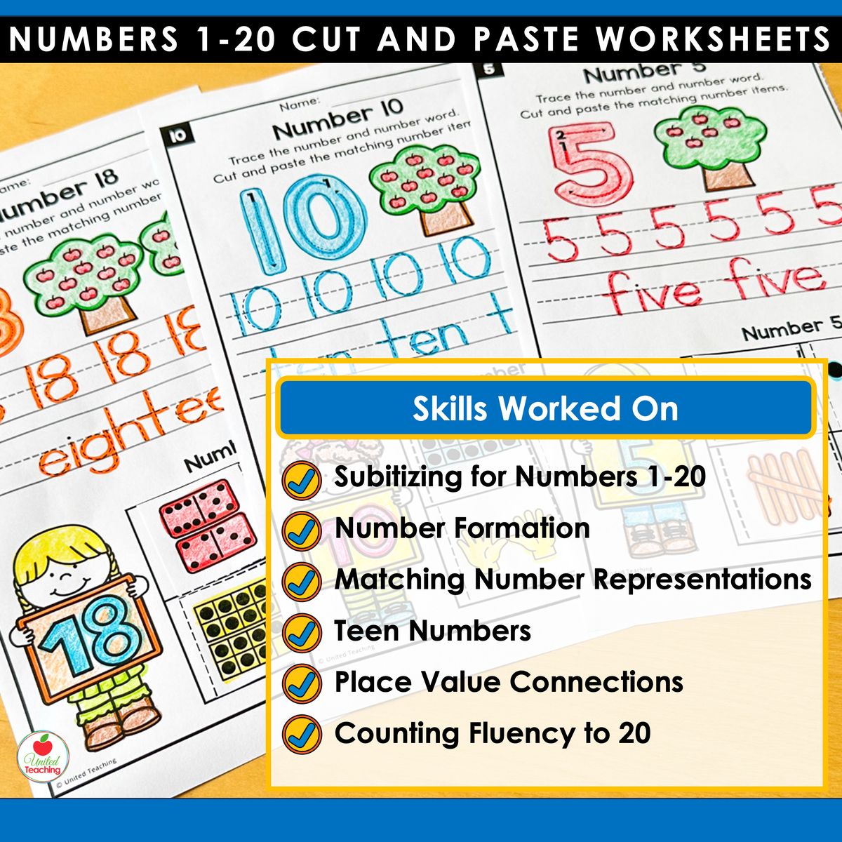 Skills worked on by the Number Sense Cut and Paste Worksheets