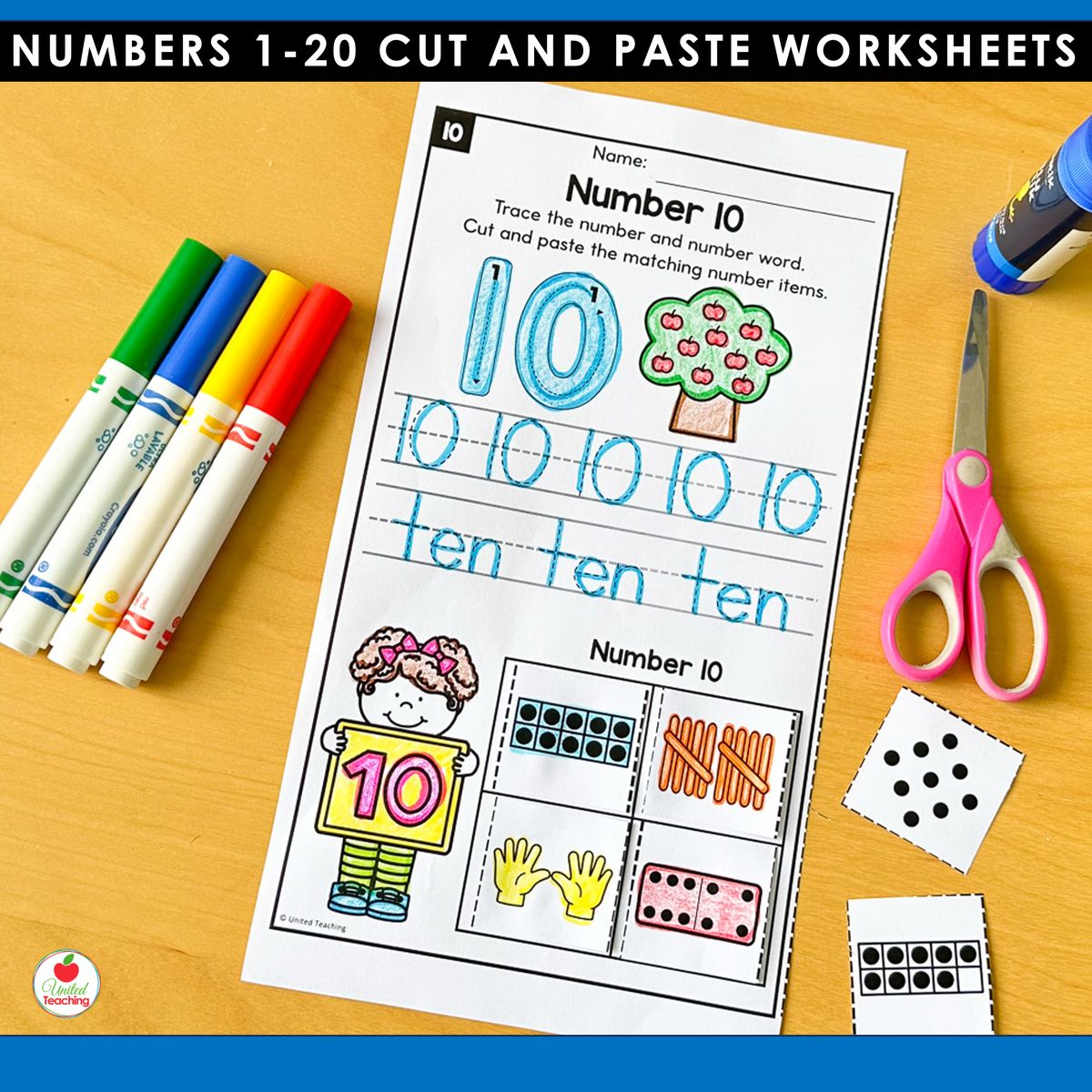 Number 10 Cut and Paste worksheet for building number sense fluency