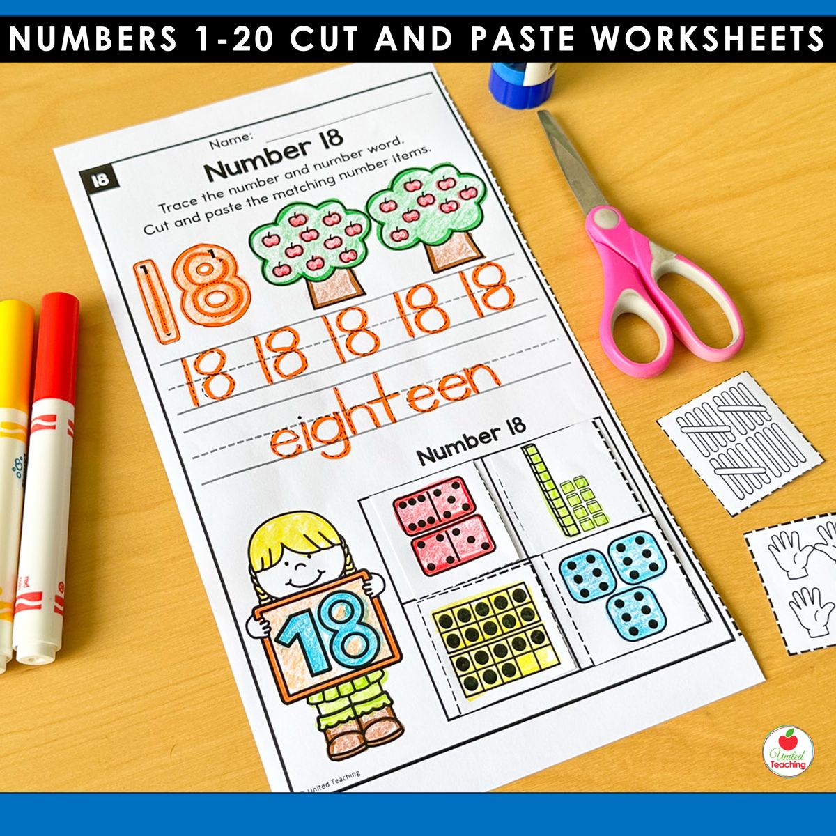 Number 18 Cut and Paste worksheet for building number sense fluency