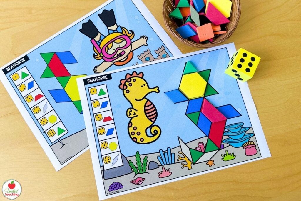 Two ocean animals seahorse roll and build pattern block mats, where students roll a die and place the matching shape until the seahorse is complete