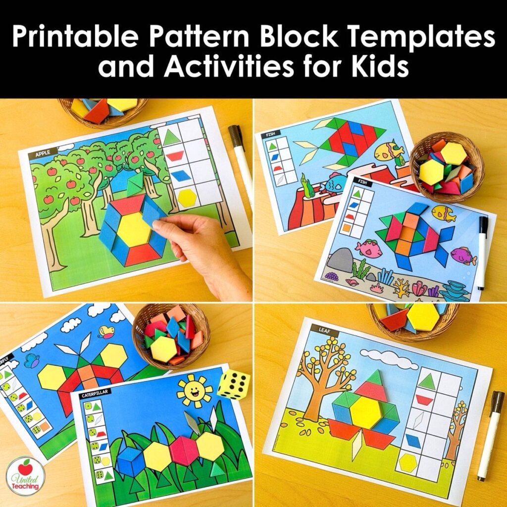 Four printable pattern block template activities for kids shown in a collage, including apple, fish, caterpillar, and leaf themed mats with colorful geometric blocks