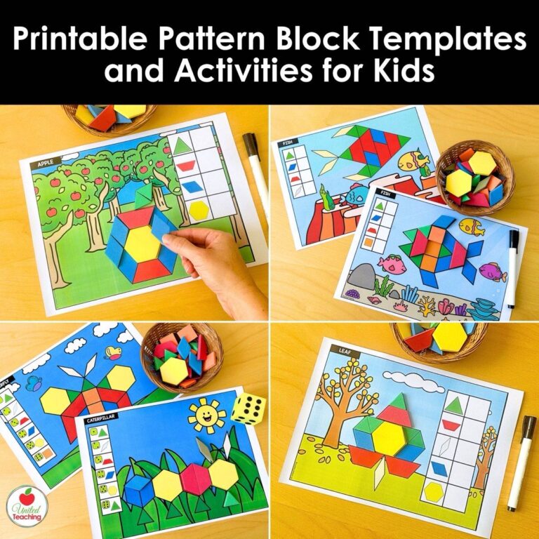 Four printable pattern block template activities for kids shown in a collage, including apple, fish, caterpillar, and leaf themed mats with colorful geometric blocks