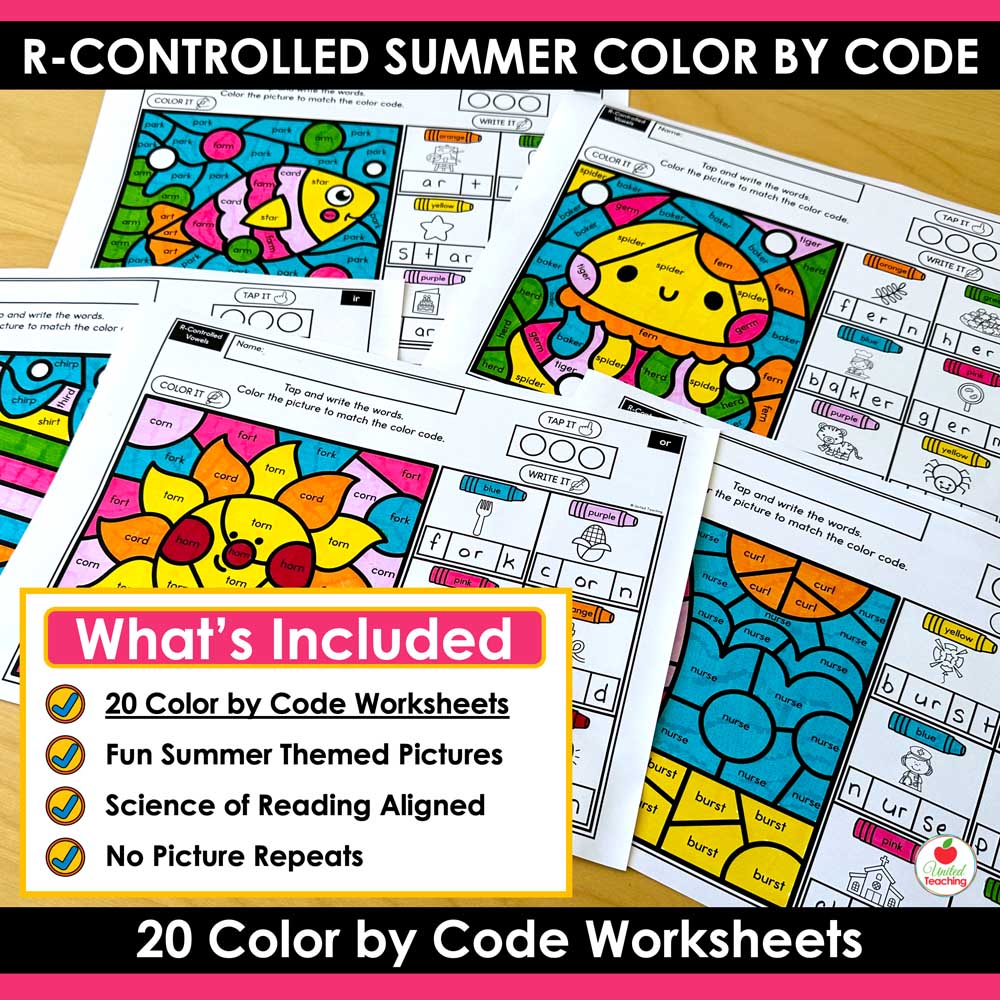 What's included in R-Controlled Vowels Summer Color by Code Worksheets Packet