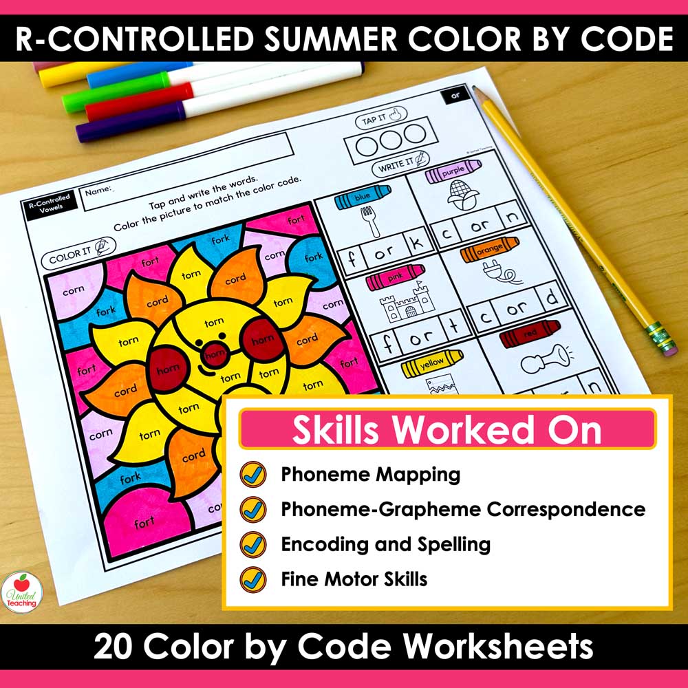 Skills worked on by the R-Controlled Vowels Summer Color by Code Worksheets
