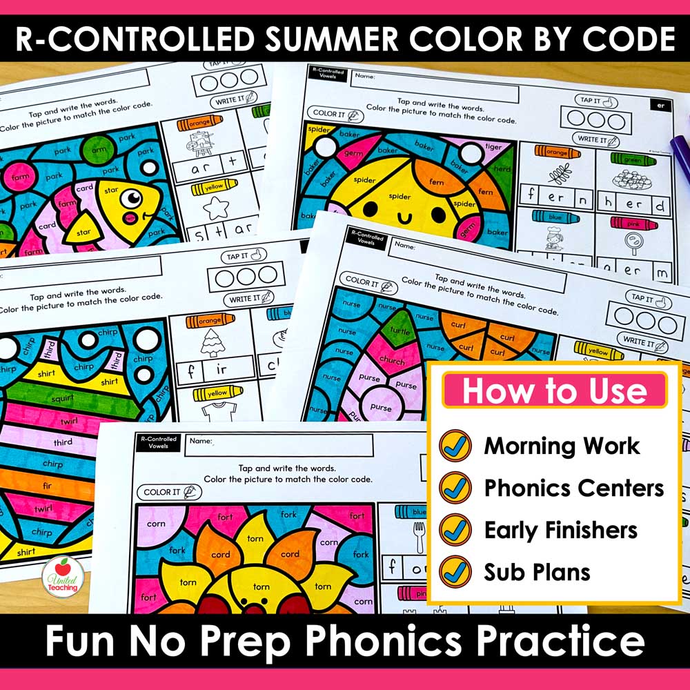 How to use the R-Controlled Vowels Summer Color by Code Worksheets