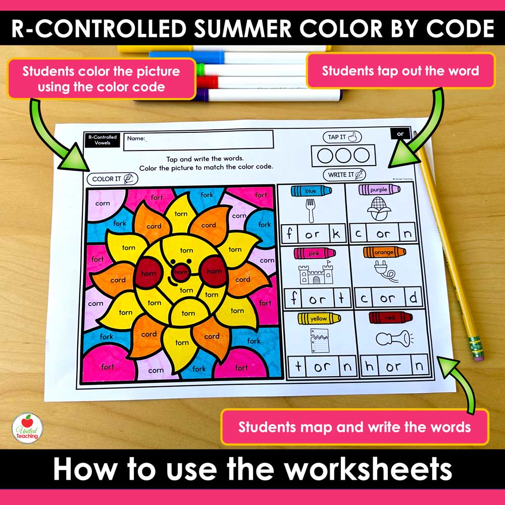 R-Controlled Vowels Summer Color by Code Worksheet Features