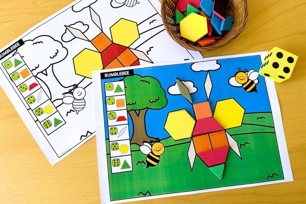 Two spring bumblebee roll and build pattern block mats showing a black and white template alongside a coloured version with a garden scene, where students roll a die to build the bumblebee