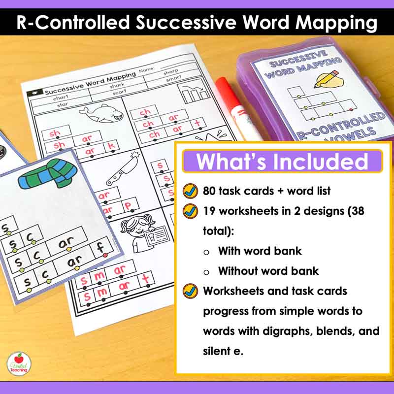 What's included in the R-Controlled Vowels Successive Word Mapping Task Cards and Worksheets Packet