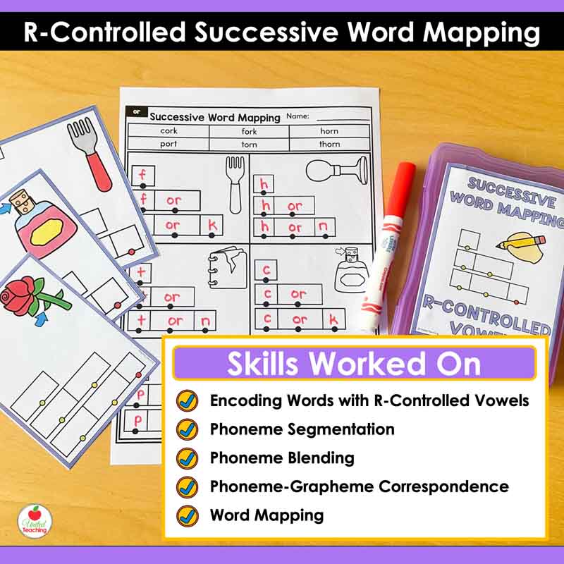 Skills worked on by the R-Controlled Vowels Successive Word Mapping Task Cards and Worksheets Packet
