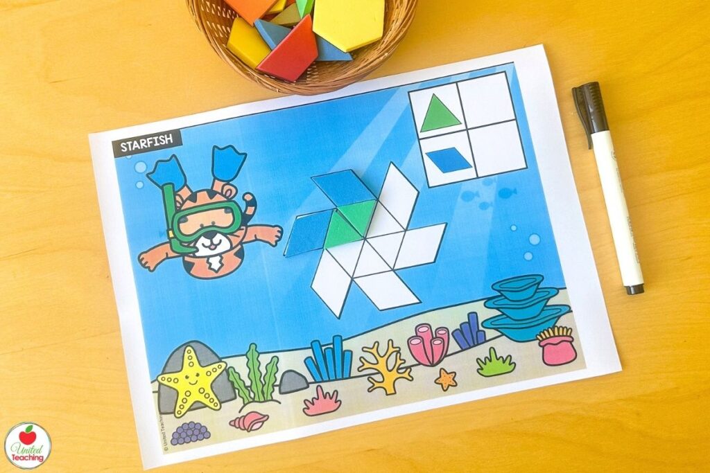 Partially completed starfish pattern block mat with an underwater ocean scene featuring a snorkelling character, where students build the starfish and count each shape used in the recording table