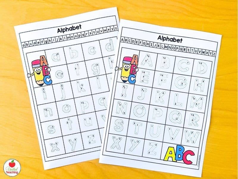 Uppercase and lowercase alphabet handwriting reference guides for kindergarten showing all 26 letters with letter formation stroke sequence