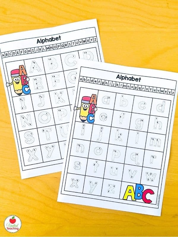 Uppercase and lowercase alphabet letter formation reference guides showing all 26 letters with stroke sequence numbers for kindergarten