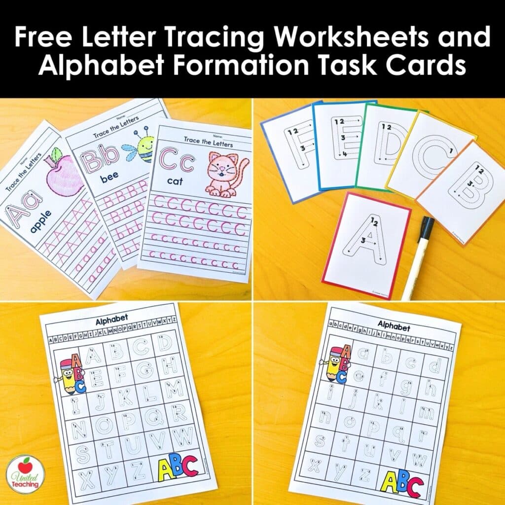 Free printable alphabet letter tracing worksheets and task cards for kindergarten including reference guides and reusable dry-erase task cards