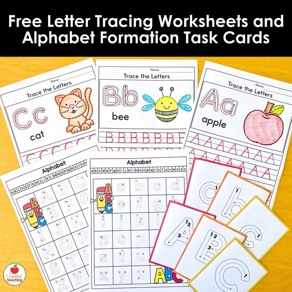 Free letter tracing worksheets and alphabet formation task cards for kindergarten showing worksheets, reference guides, and task cards
