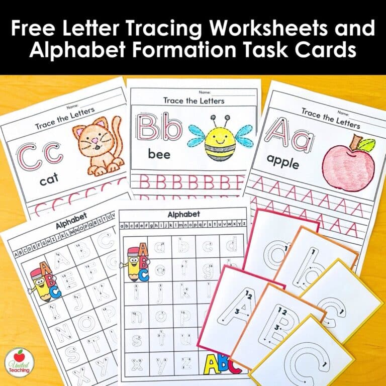 Free letter tracing worksheets and alphabet formation task cards for kindergarten showing worksheets, reference guides, and task cards