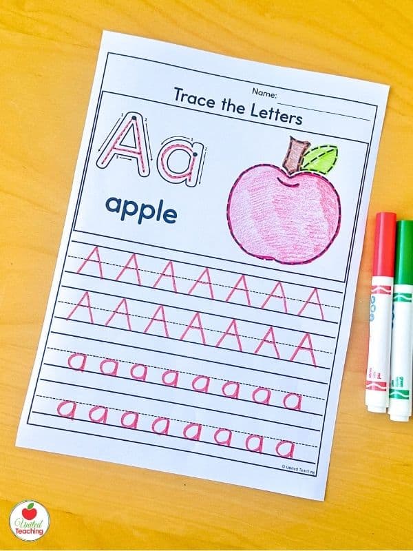 Letter A tracing worksheet for kindergarten with apple beginning sound picture, uppercase and lowercase demonstration letters, and dashed tracing rows