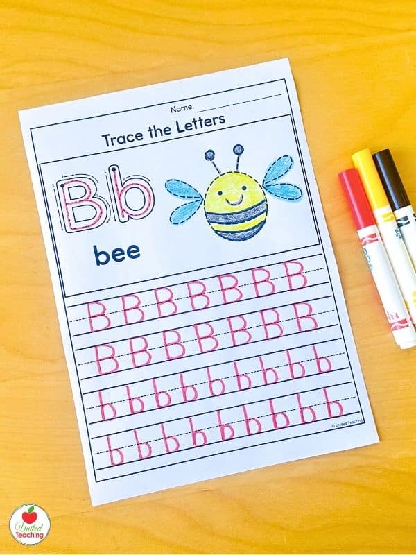 Letter B tracing worksheet for kindergarten with bee beginning sound picture, uppercase and lowercase demonstration letters, and dashed tracing rows