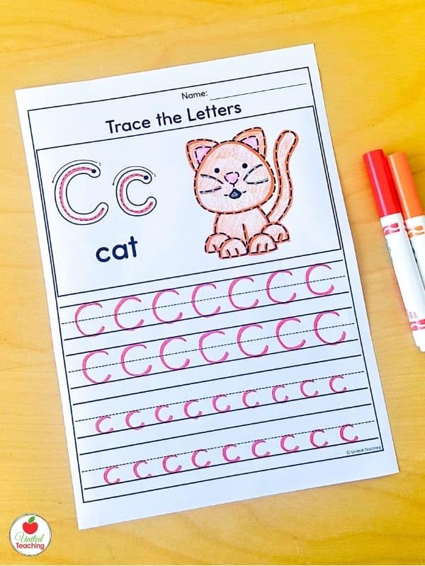 Letter C tracing worksheet for kindergarten with cat beginning sound picture, uppercase and lowercase demonstration letters, and four rows of dashed tracing practice