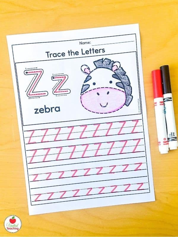 Letter Z tracing worksheet for kindergarten with zebra beginning sound picture and dashed uppercase and lowercase tracing rows