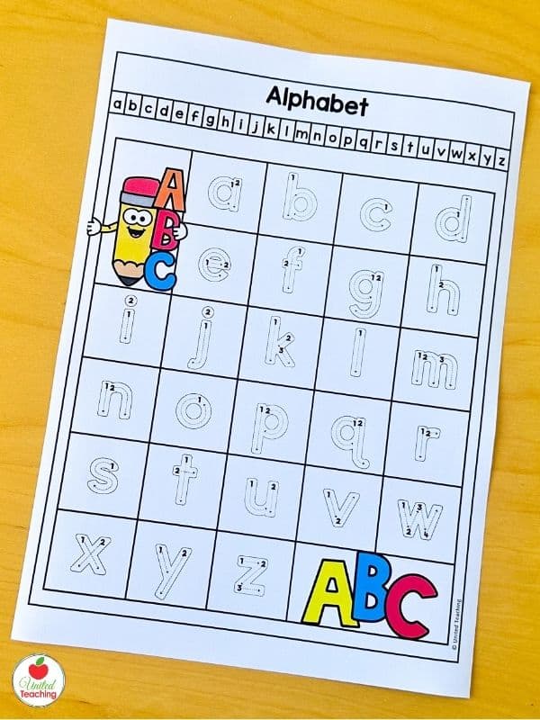 Lowercase alphabet letter formation reference guide showing all 26 letters a-z with numbered stroke guides for kindergarten handwriting practice