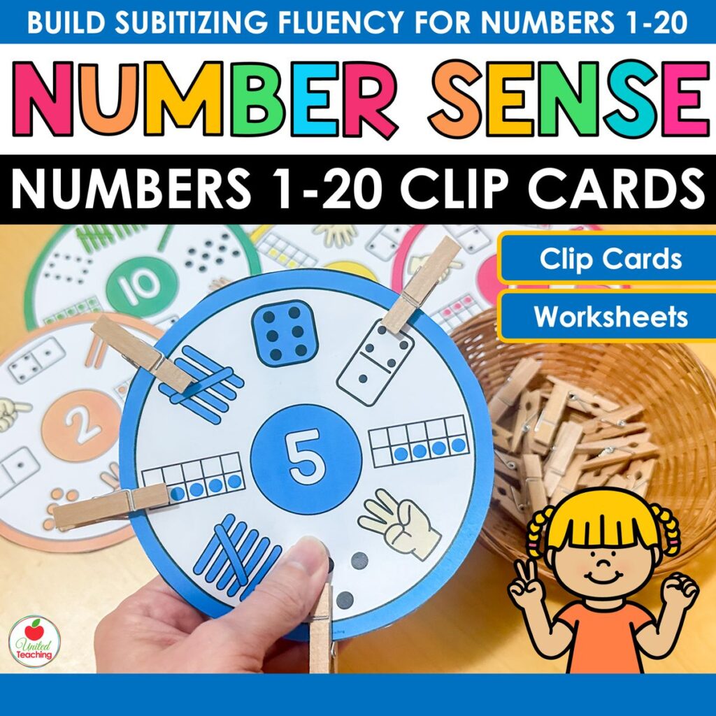 Number Sense Clip Cards for Numbers 1-20, subitizing clip cards and number sort worksheets for kindergarten