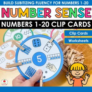 Number Sense Clip Cards for Numbers 1-20, subitizing clip cards and number sort worksheets for kindergarten