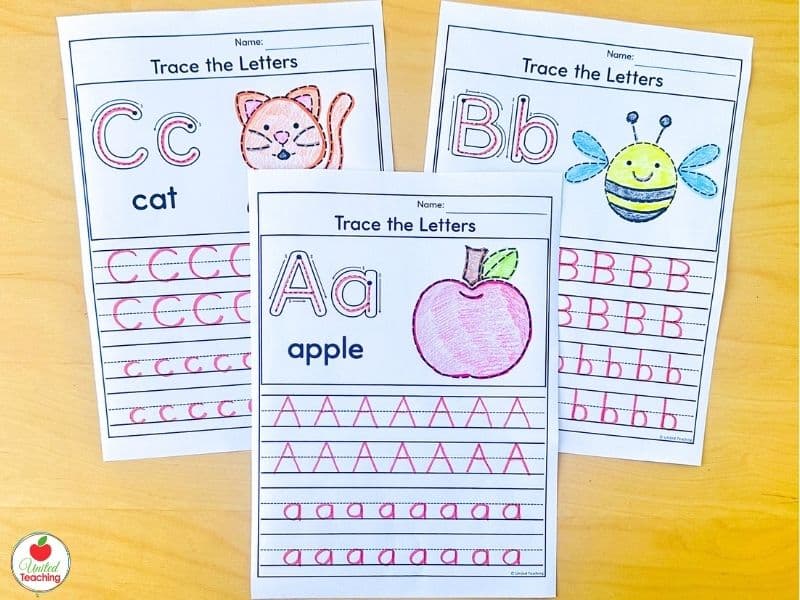 Printable letter tracing worksheets showing uppercase and lowercase A, B, and C with beginning sound pictures and dashed tracing rows