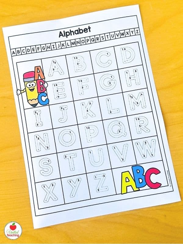Uppercase alphabet letter formation reference guide showing all 26 capital letters A-Z with numbered stroke guides for kindergarten handwriting practice