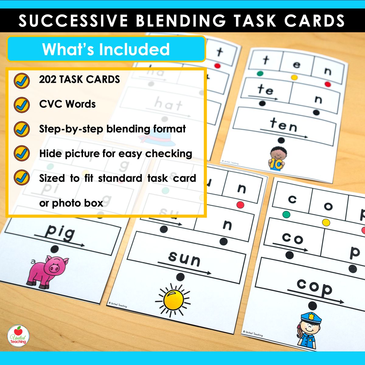 What's included in the CVC successive blending task cards set showing 202 cards with step-by-step blending format sized to fit a task card box