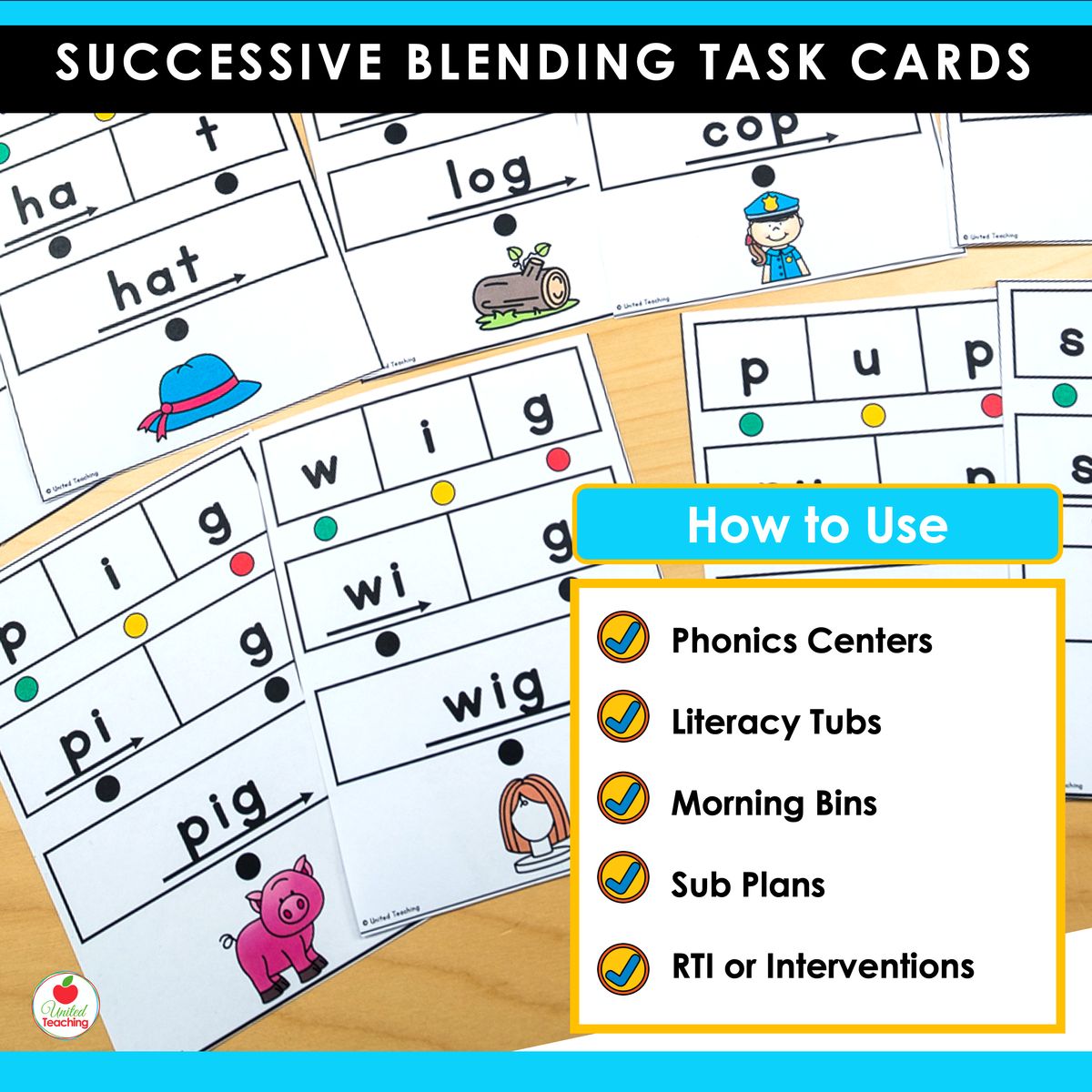CVC successive blending task cards for use in phonics centers, literacy tubs, morning bins, sub plans, and RTI interventions
