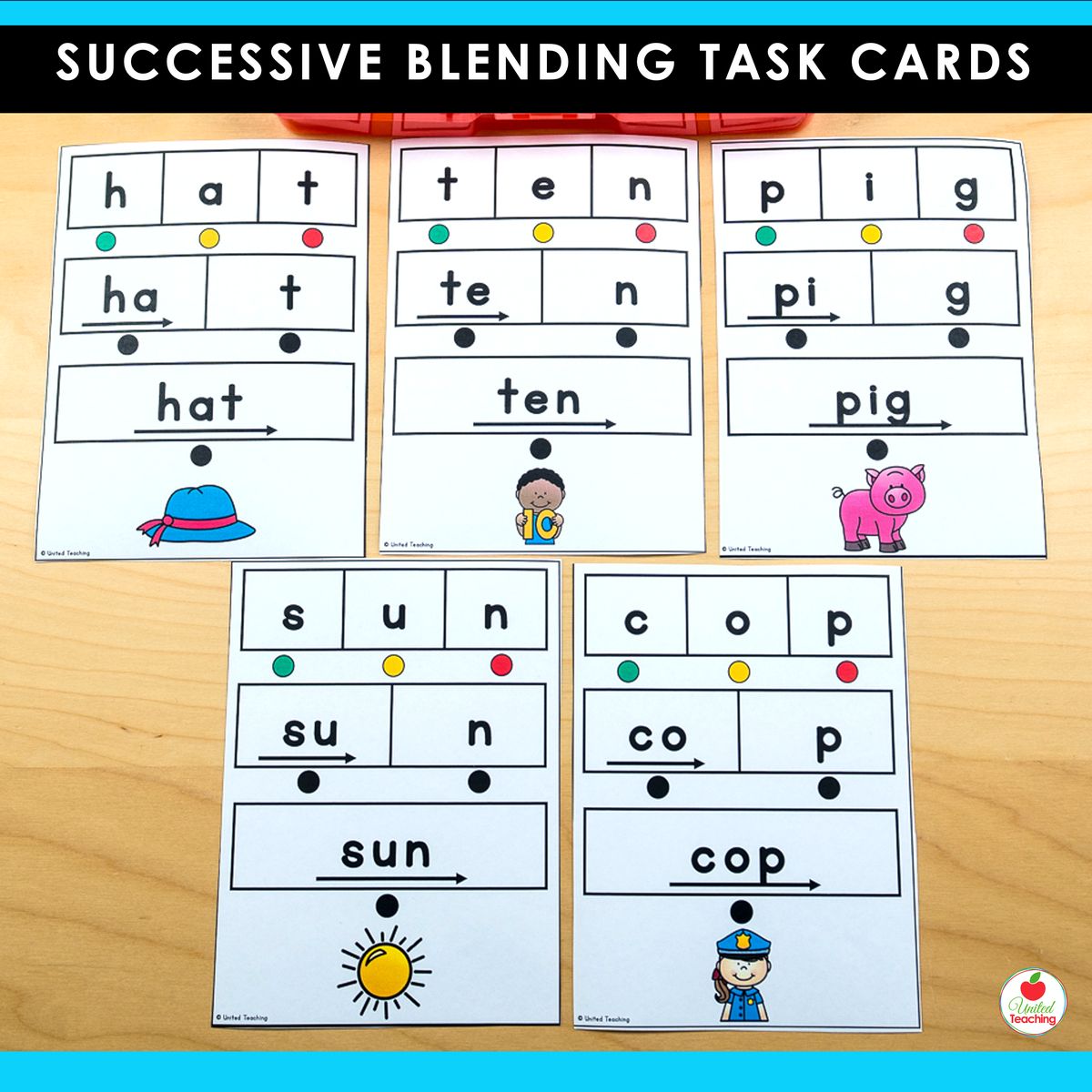 Five CVC successive blending task cards showing the step-by-step blending format for hat, ten, pig, sun, and cop
