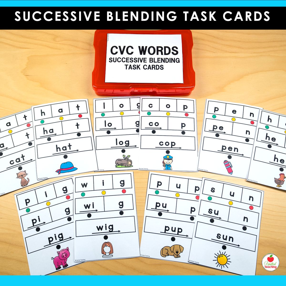 Full set of CVC successive blending task cards fanned out with red storage box showing cards for multiple CVC words