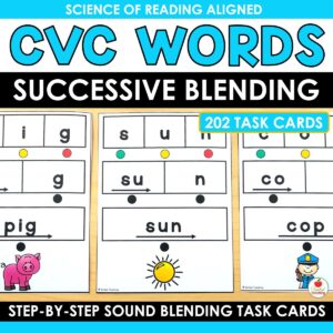 CVC words successive blending task cards showing step-by-step blending format for pig, sun, and cop, Science of Reading aligned