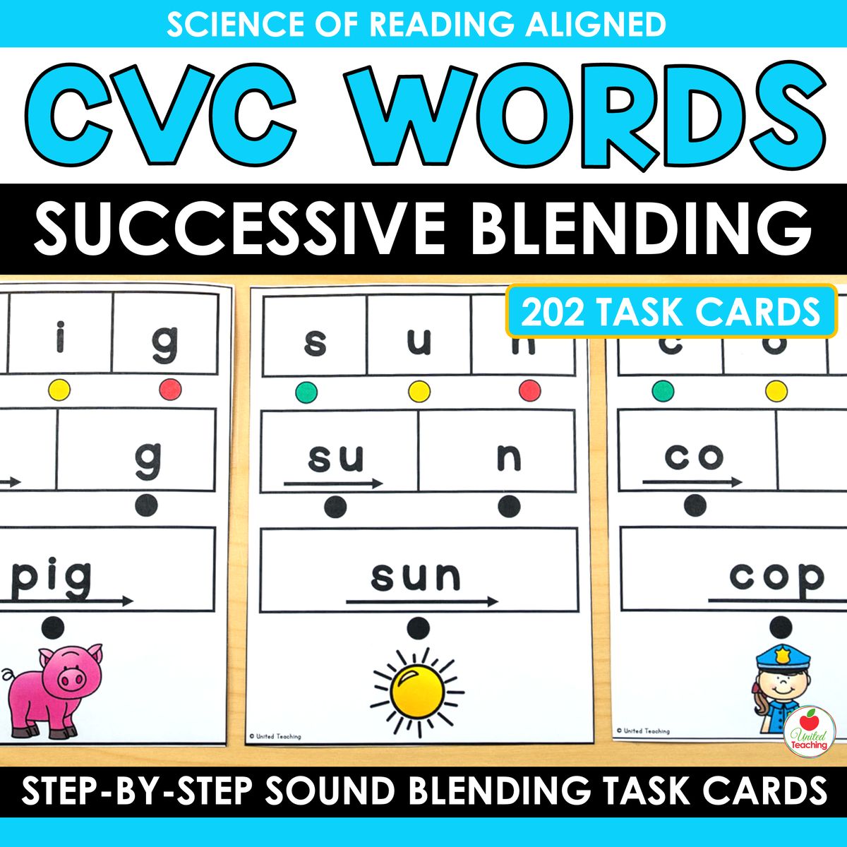 CVC words successive blending task cards showing step-by-step blending format for pig, sun, and cop, Science of Reading aligned