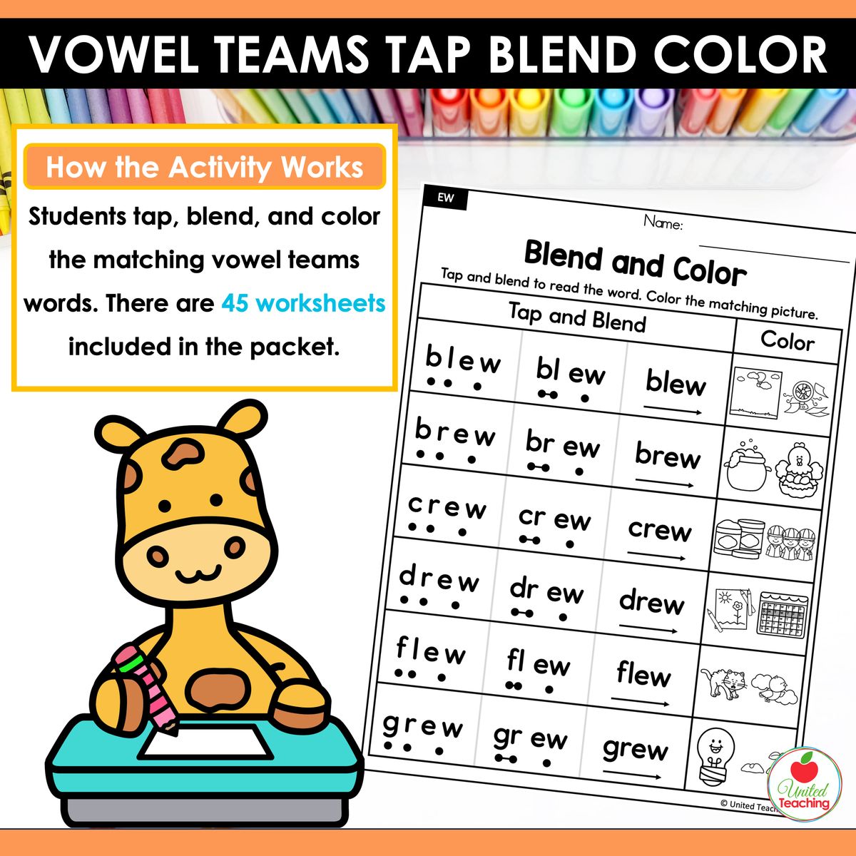Vowel Teams Tap Blend and Color EW vowel team worksheet showing tap, blend, and color practice with words like blew, brew, crew, drew, flew, and grew
