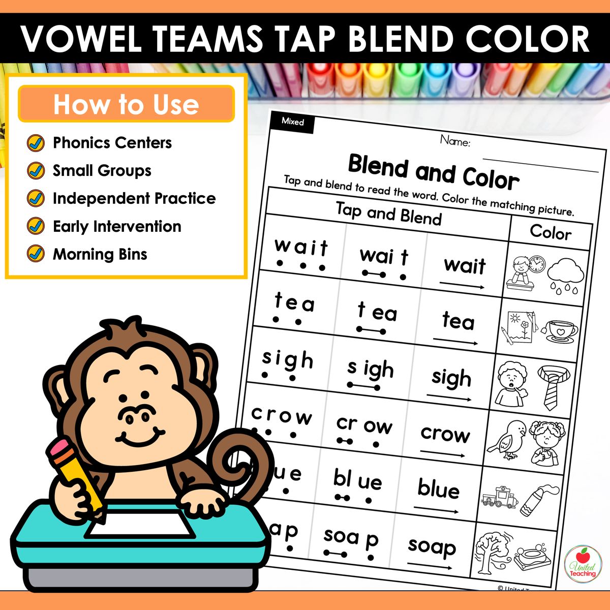 Vowel Teams Tap Blend and Color mixed vowel teams worksheet for use in phonics centers, small groups, independent practice, early intervention, and morning bins
