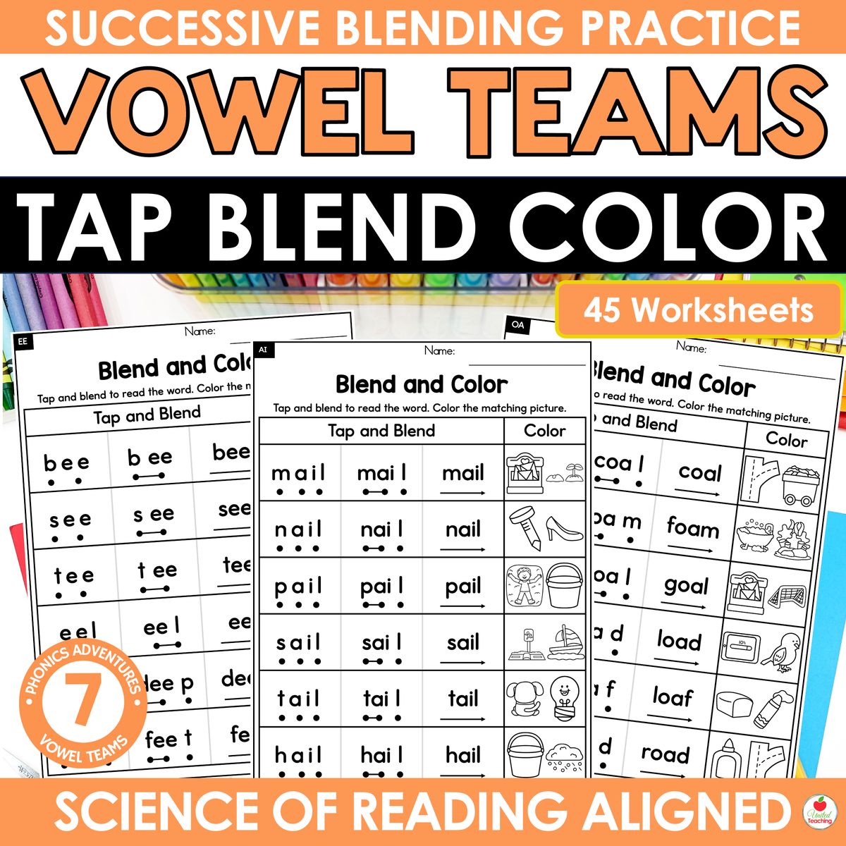 Vowel Teams Tap Blend and Color worksheets for kindergarten and first grade — 45 Science of Reading aligned successive blending practice worksheets