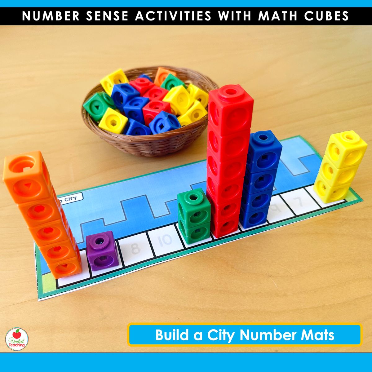 Build a City number mat showing colorful math cube towers arranged as a city skyline for kindergarten number sense activities