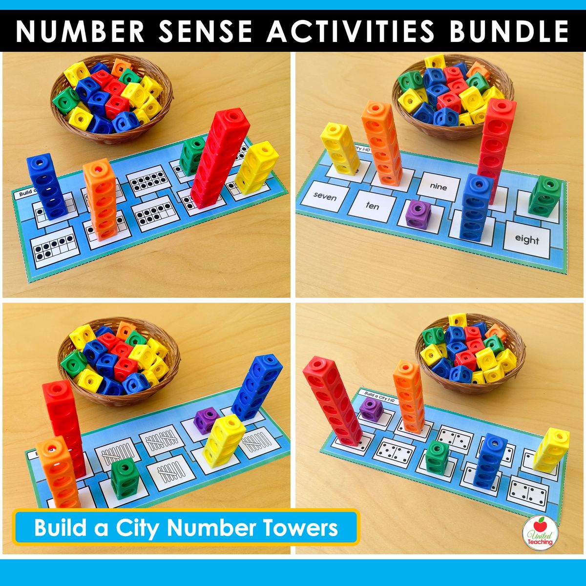 Build a City number tower activity mats for kindergarten showing math cube towers matched to number words, dot patterns, and tally marks on city-themed game mats