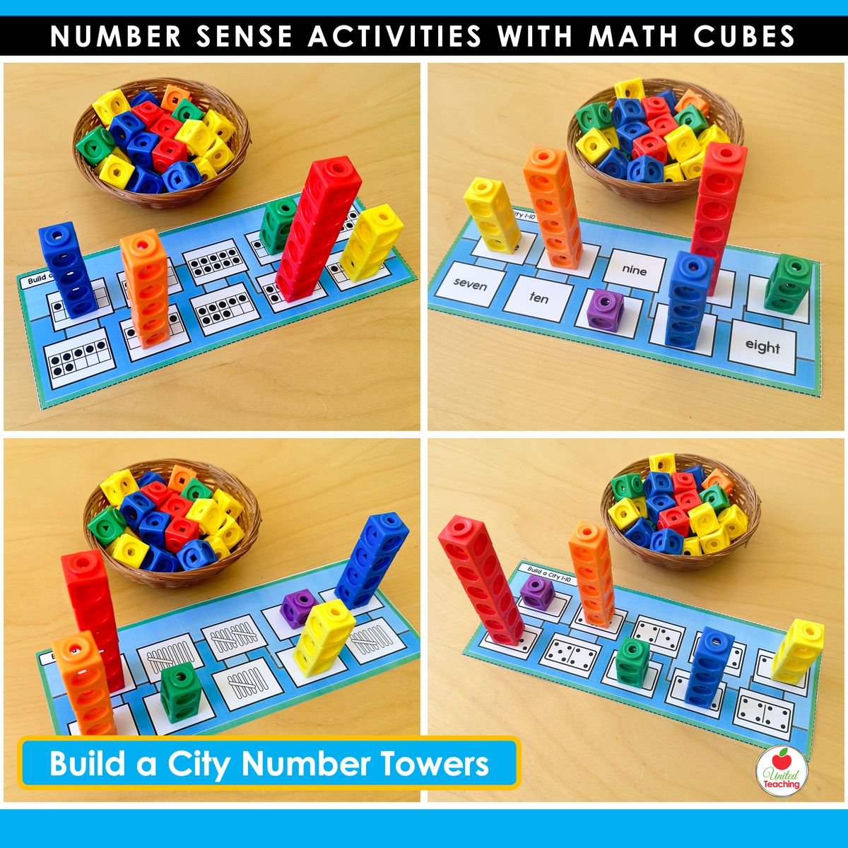 Build a City Number Tower mats with math cubes showing four variations including numeral, number word, dot pattern, and ten frame formats