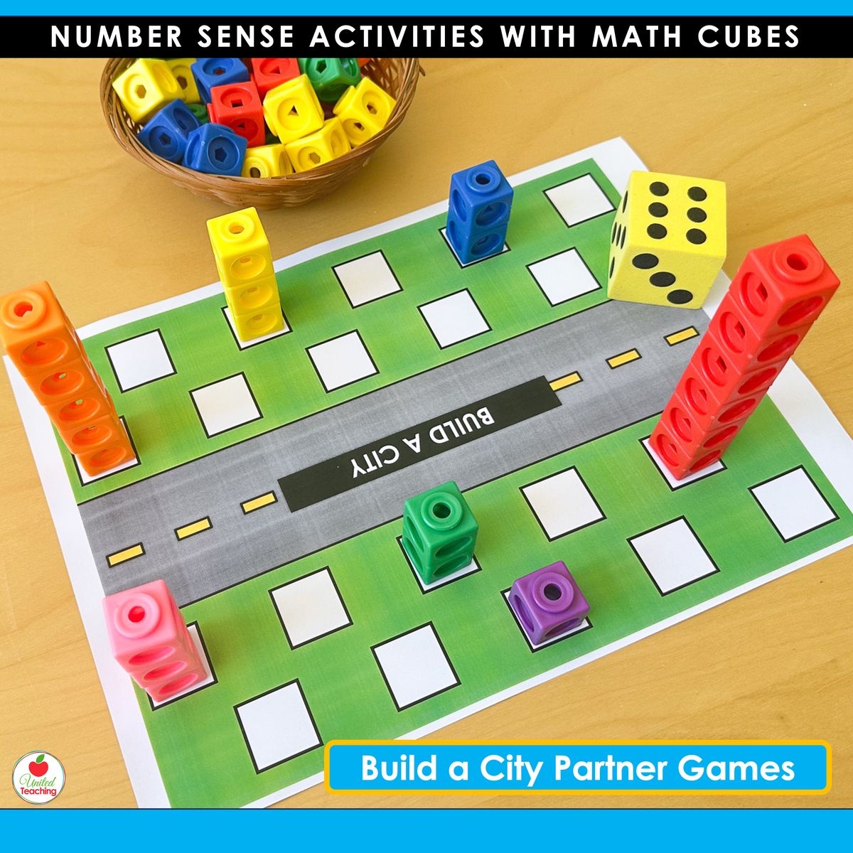 Build a City partner game mat with road design played with dice and math cubes for kindergarten number sense partner games