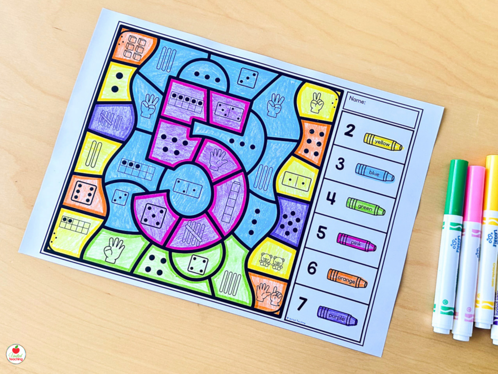 Color by code number sense worksheet featuring the number 5 with sections colored by number representation including dice, ten frames, and finger patterns