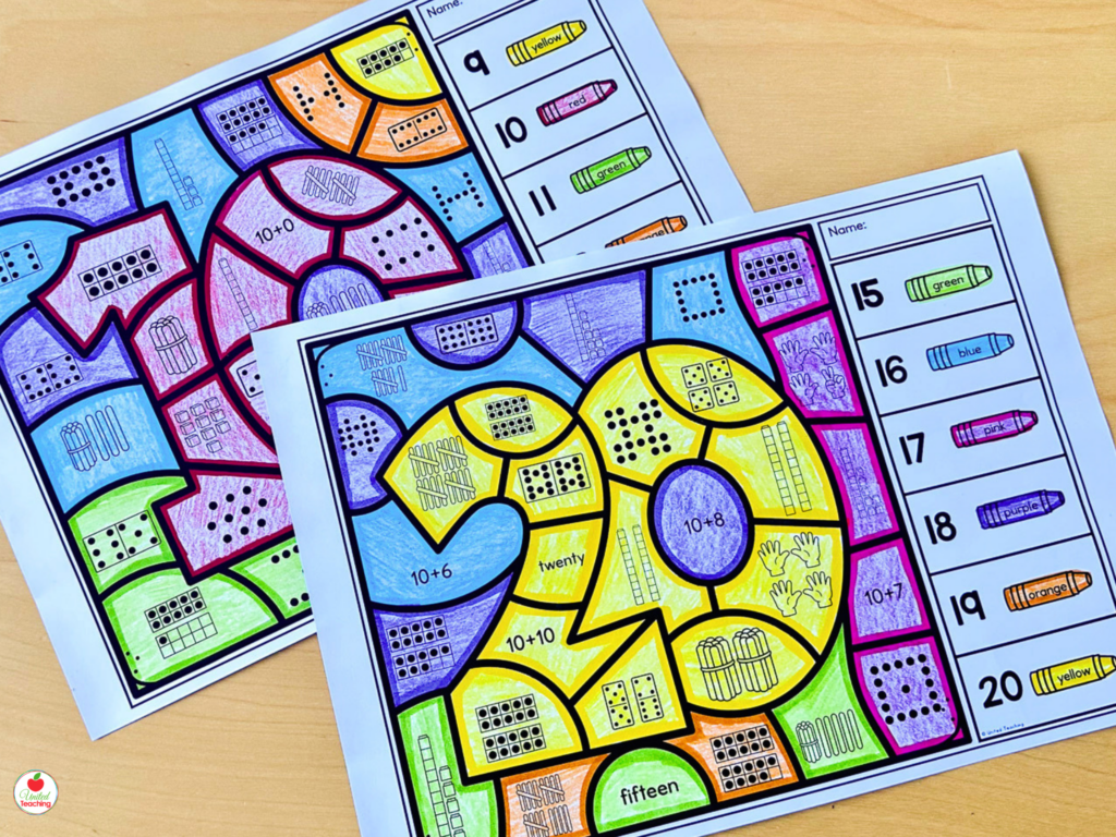 Two completed color by code number sense worksheets showing numbers 9-11 and 15-20 with multiple number representations