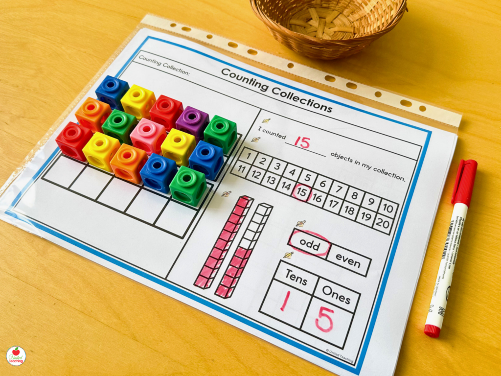 Counting Collections recording sheet with 15 math cubes counted, showing tens and ones, odd or even, and number line recording