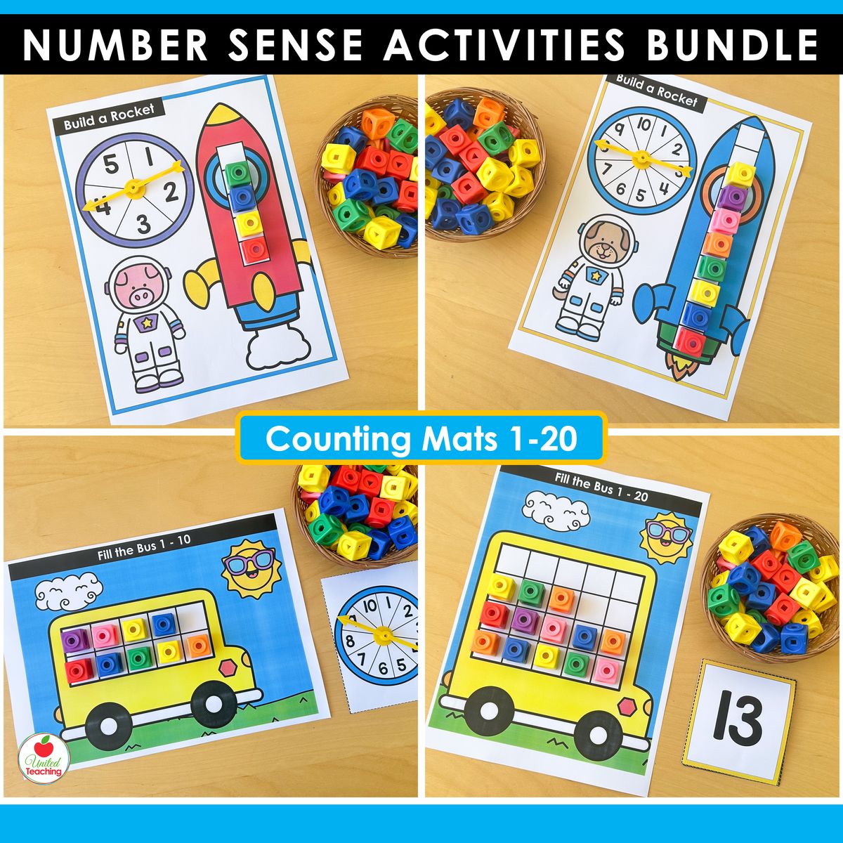 Counting mats 1-20 showing Build a Rocket mats for numbers 1-5 and 1-10 and Fill the Bus mats for numbers 1-10 and 1-20 with math cubes